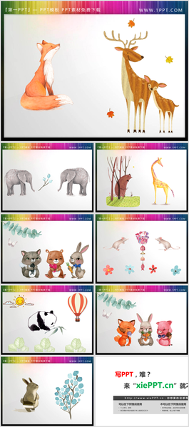 12张可爱水彩小动物PPT模板小插图