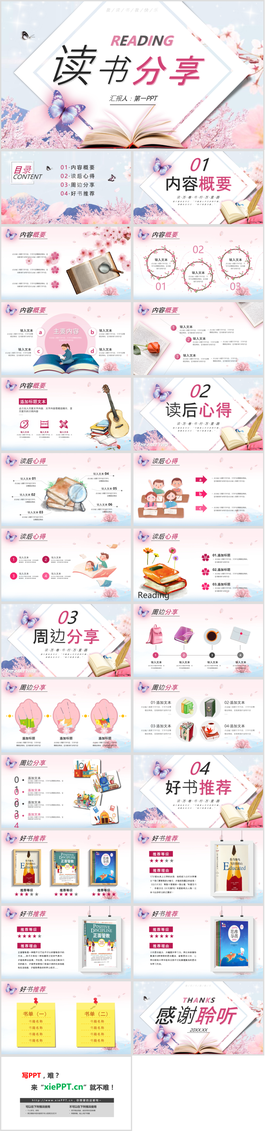 唯美樱花蝴蝶背景的读书分享会PPT模板