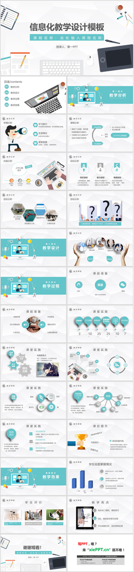 矢量办公桌面背景的信息化教学设计PPT模板免费下载
