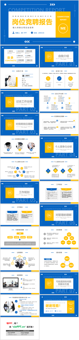 蓝黄配色内容详细的岗位竞聘报告PPT模板