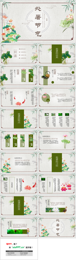 水墨荷叶荷花背景的古典风处暑节气介绍PPT模板